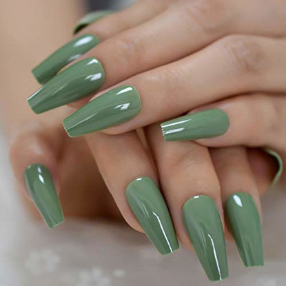 Picture of CoolNail Glossy Olive Green Press on False Nails Extra Long UV Gel Coffin Ballerina Flat Shape Press On Fingersnails Free Adhesive Tapes