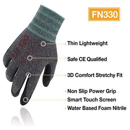 Picture of DEX FIT Lightweight Nitrile Work Gloves FN330, 3D Comfort Stretch Fit, Durable Power Grip Foam Coated, Smart Touch, Thin Machine Washable, Black Grey Small 3 Pairs Pack