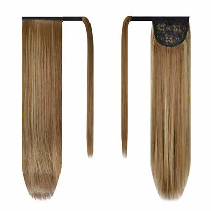 Picture of BARSDAR 26 inch Ponytail Extension Long Straight Wrap Around Clip in Synthetic Fiber Hair for Women - Brown & Blonde