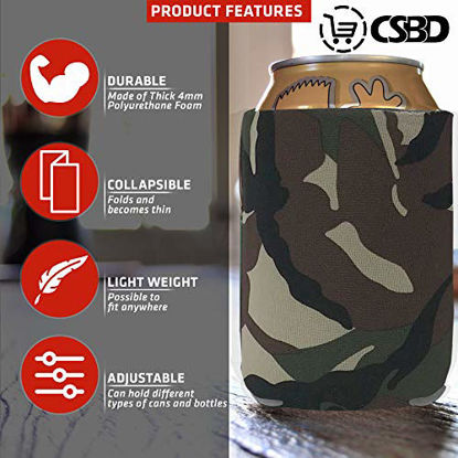 Picture of CSBD Beer Can Coolers Sleeves, Soft Insulated Reusable Drink Caddies for Water Bottles or Soda, Collapsible Blank DIY Customizable for Parties, Events or Weddings, Bulk (50, Camo)
