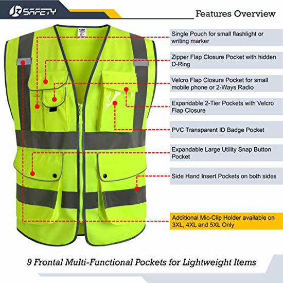 Picture of JKSafety 9 Pockets Class 2 High Visibility Zipper Front Safety Vest With Reflective Strips, Yellow Meets ANSI/ISEA Standards (3X-Large)
