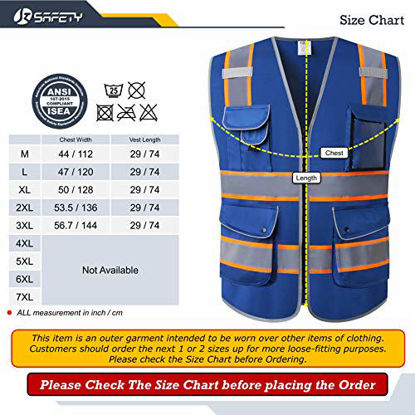 Picture of JKSafety 9 Pockets High Visibility Zipper Front Safety Vest | Blue with Dual Tone High Reflective Strips | Meets ANSI/ISEA Standards (Blue Orange Strips, Medium)