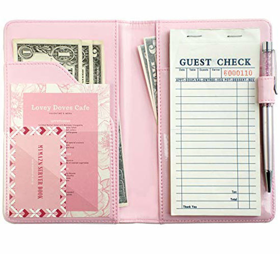 Mymazn Pink Server Book for Waitress Book with Zipper Pocket Server Wallet with 