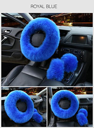 Picture of 3Pcs Set Womens Winter Fashion Wool Fur Soft Furry Steering Wheel Covers Blue Fluffy Handbrake Cover Gear Shift Cover Fuzz Warm Non-slip Car Decoration Long Hair