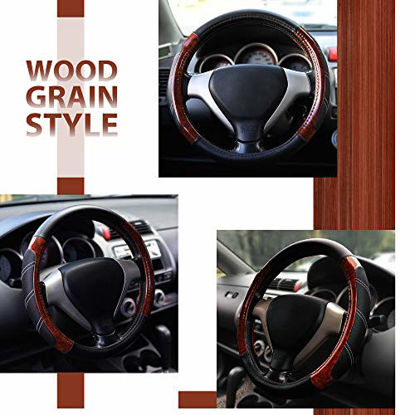 Picture of Elantrip Wood Grain Steering Wheel Cover Leather 14.5 to 15 inches Anti Slip Universal for Car Truck SUV Jeep