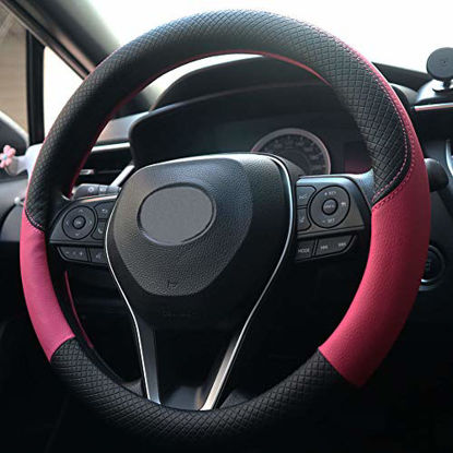 Picture of SHIAWASENA Car Steering Wheel Cover, Leather, Universal 15 Inch Fit, Anti-Slip & Odor-Free (Black&Rose Red)