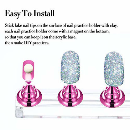 Picture of 2 Set Acrylic Nail Art Practice Stands Magnetic Nail Tips Holders Training Fingernail Display Stands DIY Nail Crystal Holders and 96 Pieces White Reusable Adhesive Putty (Metal Pink and Silver)