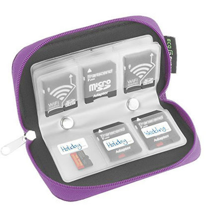 Picture of ECO-FUSED Memory Card Case - Fits up to 22x SD, SDHC, Micro SD, Mini SD and 4X CF - Holder with 22 Slots (8 Pages) - for Storage and Travel (Purple)