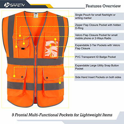Picture of JKSafety 9 Pockets Class 2 High Visibility Zipper Front Safety Vest With Reflective Strips, Meets ANSI/ISEA Standards (Large, Orange)