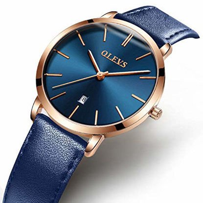 Picture of OLEVS Women Wrist Watches Ultra Thin 6.5mm Minimalist Dress Fashion Blue Leather Strap Blue Face Quartz Waterproof Date Day Slim Watches for Ladies