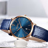 Picture of OLEVS Women Wrist Watches Ultra Thin 6.5mm Minimalist Dress Fashion Blue Leather Strap Blue Face Quartz Waterproof Date Day Slim Watches for Ladies