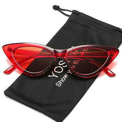 Picture of YOSHYA Retro Vintage Narrow Cat Eye Sunglasses for Women Clout Goggles Plastic Frame (Black Grey + Clear Wine red / Red)
