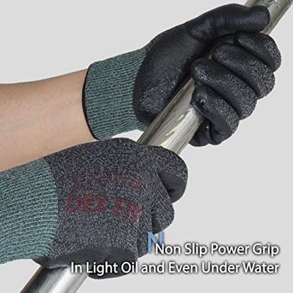Picture of DEX FIT Level 5 Cut Resistant Gloves Cru553, 3D Comfort Stretch Fit, Power Grip, Durable Foam Nitrile, Smart Touch, Machine Washable, Thin & Lightweight, Black Grey 9 (L) 3 Pairs