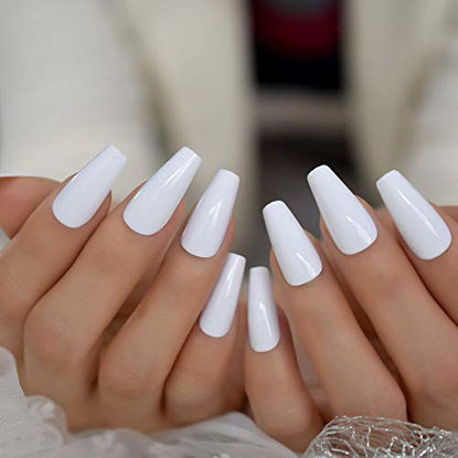 Picture of CoolNail 24pcs Plain White Coffin False Nail Tips Acrylic Salon Full Cover Artificial Press On Ballerina UV Fake Nails With Glue Sticker