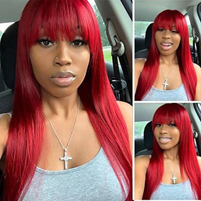Picture of QD-Tizer Red Long Silky Straight Wigs with Bangs, Heat Resistant Synthetic No Lace Wig for Fashion Women, Natural Looking Hair Replacement Wig for Party Cosplay