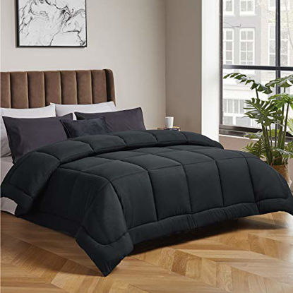 Picture of Bedsure Down Alternative Comforter Twin XL- All Season Quilted Lightweight Comforter Duvet Insert Twin XL with Corner Tabs 300GSM Plush Microfiber Fill Machine Washable Black 68x92 Inch