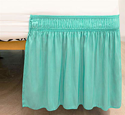 Picture of Biscaynebay Wrap Around Bed Skirts Elastic Dust Ruffles, Easy Fit Wrinkle and Fade Resistant Silky Luxrious Fabric Solid Color, Aqua for Queen Size Beds 21 Inches Drop