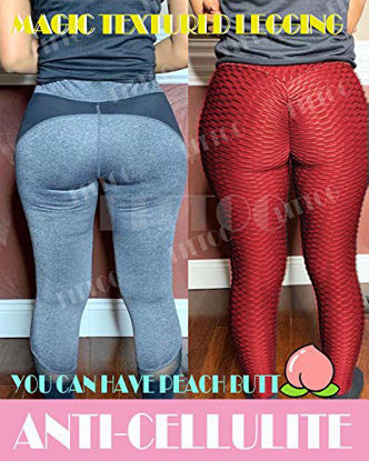Picture of FITTOO Women's High Waist Yoga Pants Tummy Control Scrunched Booty Leggings Workout Running Butt Lift Textured Tights Peach Butt Red XXL