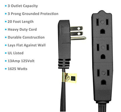 Picture of BindMaster 20 Feet Extension Cord/Wire, 3 Prong Grounded, 3 outlets, Angled Flat Plug, Black (1 Pack)