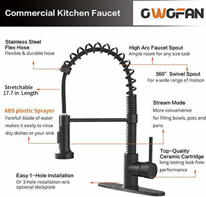 Picture of OWOFAN Black Kitchen Faucet Contemporary Spring Kitchen Sink Faucet with Pull Down Sprayer, Single Handle Pull Out Kitchen Faucets with Deck Plate 866055R