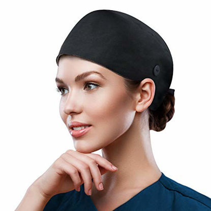Picture of QBA Adjustable Working Cap with Button, Cotton Working Hat Sweatband, Elastic Bandage Tie Back Hats for Women & Men, One Size (BLK + BLK AM)