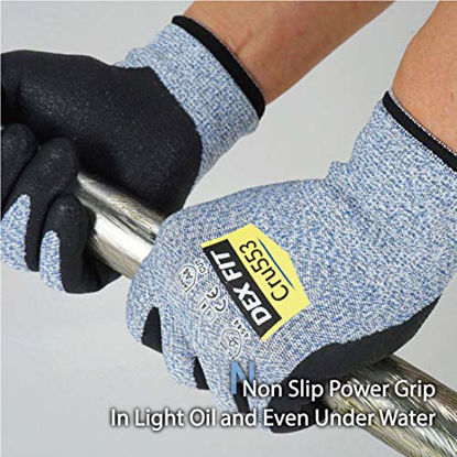 Picture of DEX FIT Level 5 Cut Resistant Gloves Cru553, 3D Comfort Stretch Fit, Power Grip, Durable Foam Nitrile, Smart Touch, Machine Washable, Thin & Lightweight, Blue Large 3 Pairs