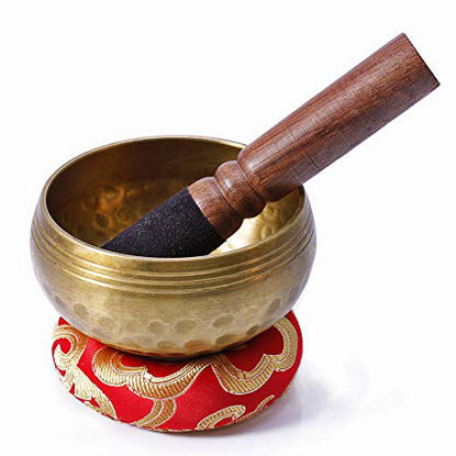 Picture of Biggo Tibetan Singing Bowl Set- Perfect resonance Meditation Yoga & Chakra Healing Handmade Bowl - With Mallet & Silk Cushion. Perfect Gift