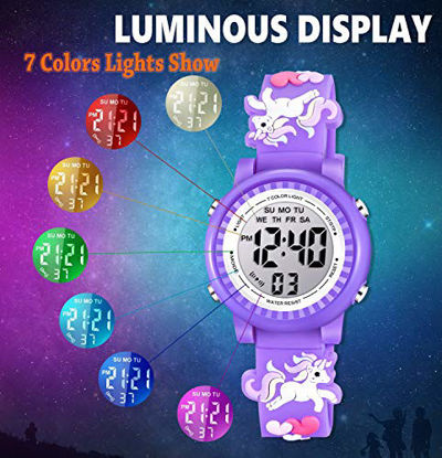 Picture of Venhoo Kids Watches 3D Cartoon Waterproof 7 Color Lights Toddler Digital Wrist Watch with Alarm Stopwatch for 3-10 Year Girls Little Child-Purple