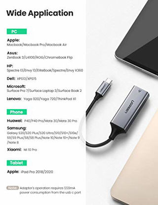 Picture of UGREEN USB C to Ethernet Adapter RJ45 to Thunderbolt 3 Type C Gigabit Network LAN Converter 10 100 1000Mbps for MacBook Pro Air iPad Pro Galaxy S20 S10 S9 XPS 13 15 Surface Book 2 Go Chromebook