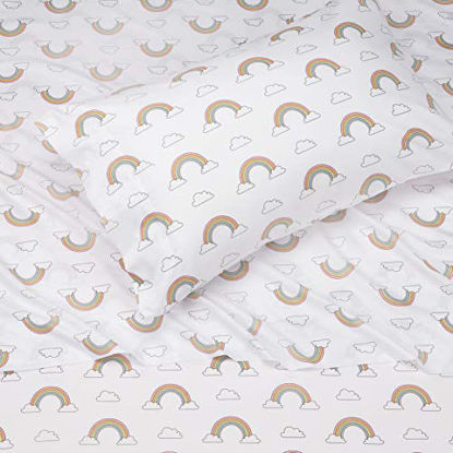 Picture of Amazon Basics Kids Unicorns & Rainbows Soft, Easy-Wash Microfiber Sheet Set - Twin, White Rainbows and Clouds