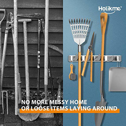 Picture of Holikme Mop Broom Holder Wall Mount Metal Pantry Organization and Storage Garden Kitchen Tool Organizer Wall Hanger for Home Goods (4 Positions with 4 Hooks, Silver)