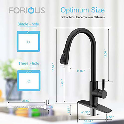 Picture of FORIOUS Black Kitchen Faucets with Pull Down Sprayer, Kitchen Sink Faucet with Pull Out Sprayer, Fingerprint Resistant, Single Hole Deck Mount, Single Handle Copper Kitchen Faucet, Matte Black