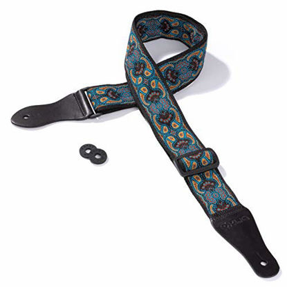 Picture of KLIQ Vintage Woven Guitar Strap for Acoustic and Electric Guitars + 2 Free Rubber Strap Locks, 2 Free Guitar Picks and 1 Free Lace | '60s Jacquard Weave Hootenanny Style | Turquoise & Coffee Paisley