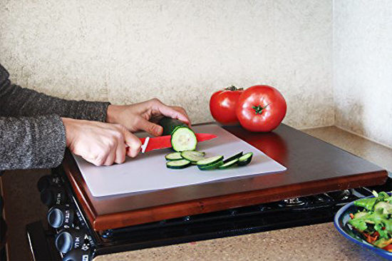 Picture of Camco 43526-A Silent Top Stovetop Cover, Convert Your Stove Top to Extra Counter Space In Your Camper Or RV (Bordeaux Finish)