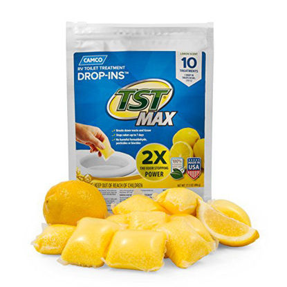 Picture of Camco TST Ultra-Concentrated Lemon Citrus Scent RV Toilet MAX Treatment Drop-Ins, Formaldehyde Free, Breaks Down Waste And Tissue, Septic Tank Safe, 10-Pack (41573)