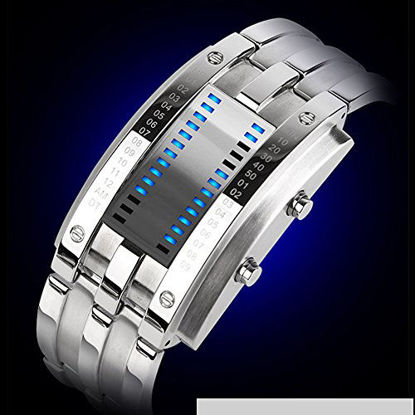 Picture of Binary Matrix Blue LED Digital Waterproof Watch Mens Classic Creative Fashion Silver Wrist Watches (Silver Blue)