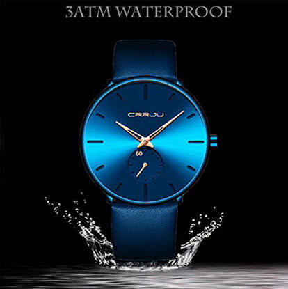Picture of Mens Watches Ultra-Thin Minimalist Waterproof-Fashion Wrist Watch for Men Unisex Dress with Blue Leather Band-Gold Hands Blue Face