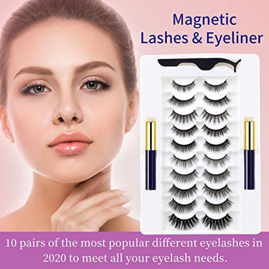 Picture of EARLLER Magnetic Eyelashes with Eyeliner Kit,10 Pairs Natural Look False Lashes with Applicator - Easy to Apply and No Glue Needed, 3D & 5D Reusable Short and Long Eyelashes Set