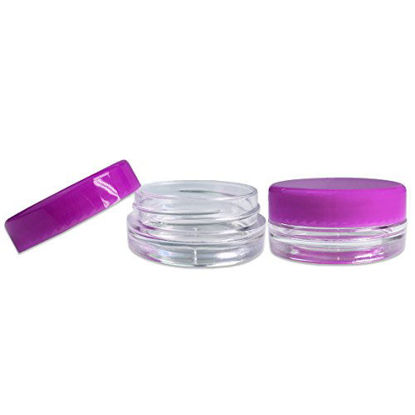 Picture of (100 Pieces Jars + Lid) Beauticom 3G/3ML Round Clear Jars with PURPLE Screw Cap Lids for Scrubs, Oils, Toner, Salves, Creams, Lotions, Makeup Samples, Lip Balms - BPA Free