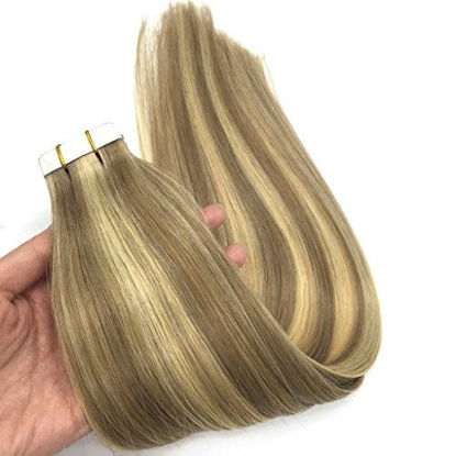 Picture of GOO GOO Hair Extensions Tape in Ombre Light Blonde Highlighted Golden Blonde Remy Tape in Human Hair Extensions Silky Straight 20pcs 50g 14inch