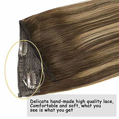 Picture of GOO GOO Human Hair Extensions Halo Hair Ombre Chocolate Brown to Honey Blonde 70g 12 Inch Hairpiece Remy Wire Hair Extensions Flip in Straight Invisible Hidden Crown Hair Extensions with Fish Line
