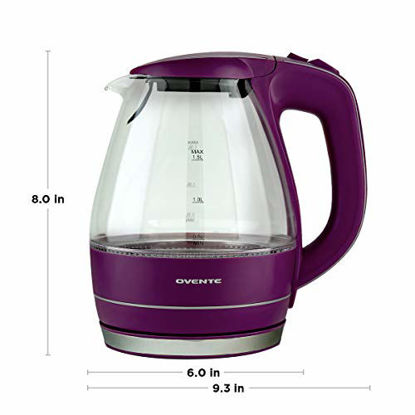 Picture of Ovente Portable Electric Glass Kettle 1.5 Liter with Blue LED Light and Stainless Steel Base, Fast Heating Countertop Tea Maker Hot Water Boiler with Auto Shut-Off & Boil Dry Protection, Purple KG83P