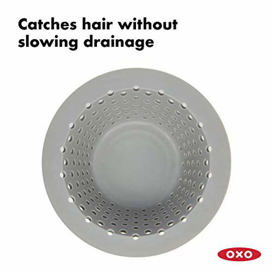 Picture of OXO Good Grips Silicone Drain Protector for Pop-Up & Regular Drains,Grey,One Size & Good Grips Easy Clean Shower Stall Drain Protector - Stainless Steel & Silicone
