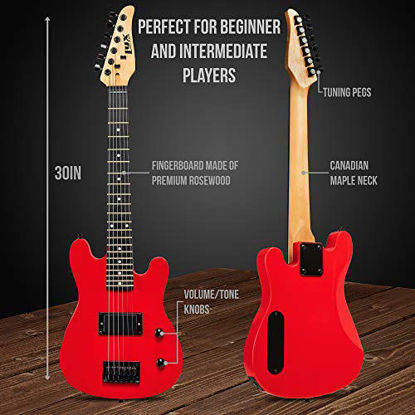 Picture of LyxPro 30 Inch Electric Guitar and Starter Kit for Kids with 3/4 Size Beginners Guitar, Amp, Six Strings, Two Picks, Shoulder Strap, Digital Clip On Tuner, Guitar Cable and Soft Case Gig Bag - Red