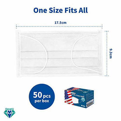 Picture of Medtecs Disposable Face Mask, 3 layer Breathable Masks, Made in USA, CoverU White 50pc