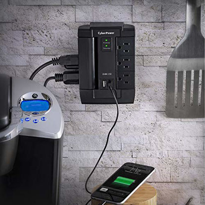 Picture of CyberPower CSP600WSU Surge Protector, 1200J/125V, 6-AC Swivel Outlets, 2 USB Charging Ports, Wall Tap Design Black Version