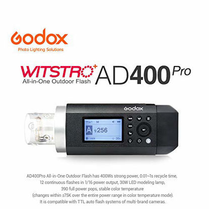 Picture of Godox AD400Pro Witstro All-in-One Outdoor Flash 400ws Strong Power,0.01~1s Recycle Time,12 Continuous Flashes in 1/16 Power Output,30W LED Modeling Lamp,380 Full Power Pops,Stable Color Temperature