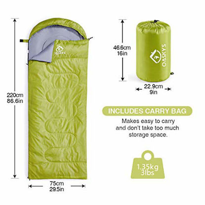 Picture of oaskys Camping Sleeping Bag - 3 Season Warm & Cool Weather - Summer, Spring, Fall, Lightweight, Waterproof for Adults & Kids - Camping Gear Equipment, Traveling, and Outdoors (Light Green, 7530inch)