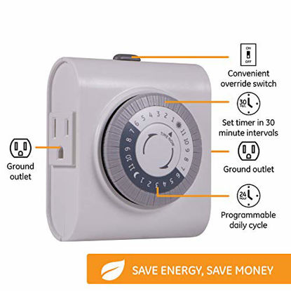 Picture of GE 24-Hour Heavy Duty Indoor Plug-in Mechanical Timer, 2 Grounded Outlets, 30 Minute Intervals, Daily On/Off Cycle, for Lamps, Seasonal, Christmas Tree Lights and Holiday Decorations, 15075