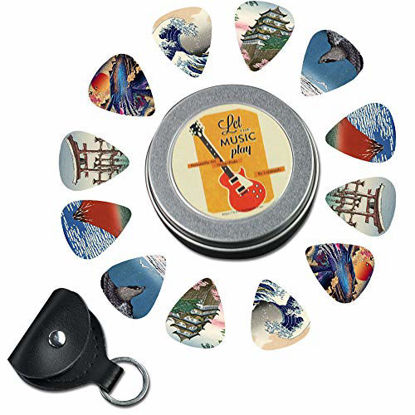 Picture of Guitar Picks - Cheliz 12 Medium Gauge Celluloid Guitar Picks In a Box W/Picks Holder. Unique Guitar Gift For Bass, Electric & Acoustic Guitars (Japanese Culture)